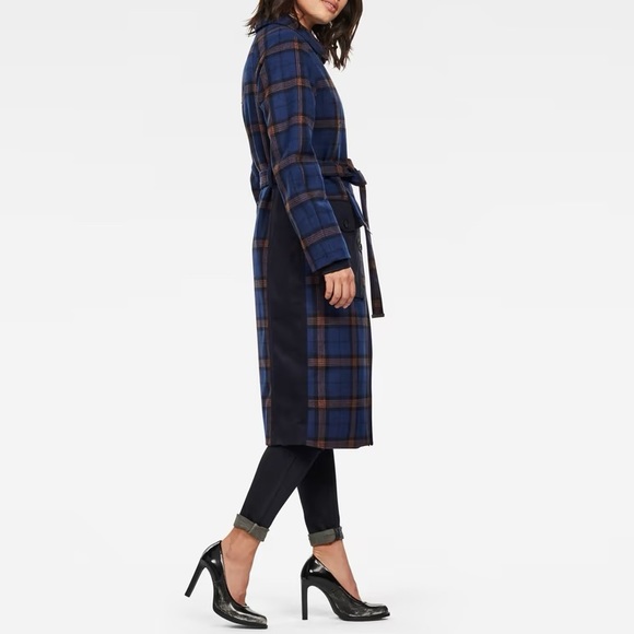 G-STAR // padded fieldcoat belted blue orange tartan plaid wool blend - Picture 3 of 15